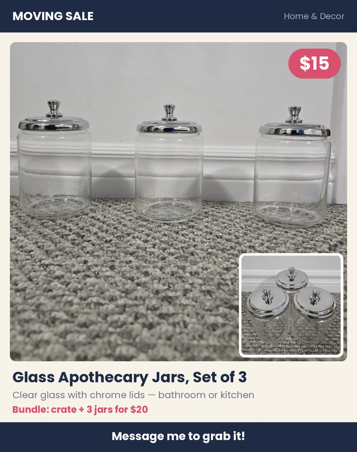 Set of 3 Glass Apothecary Jars with Chrome Lids