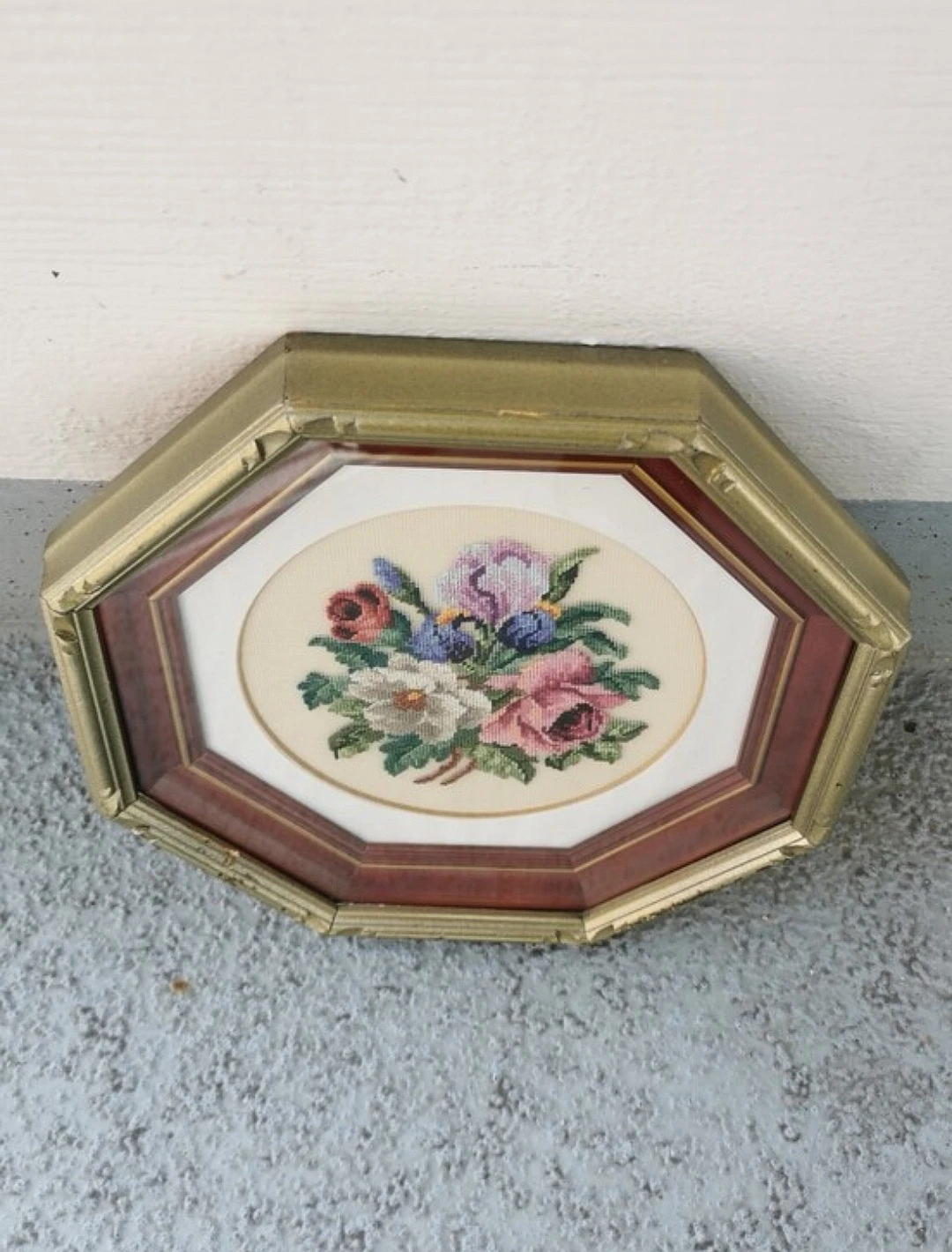 Vintage Framed Floral Cross Stitch Wall Art Decor Needlepoint - photo 3