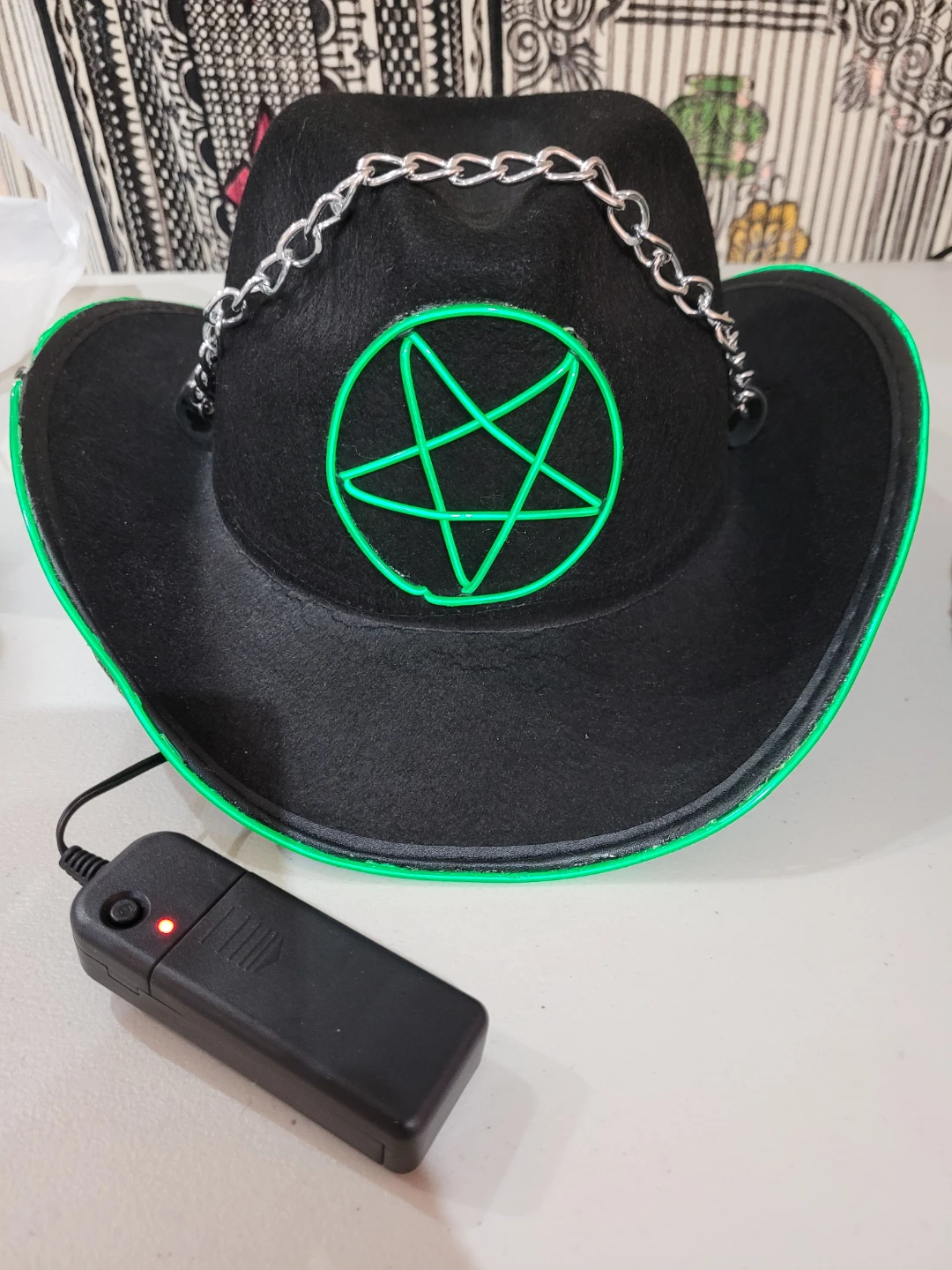 Halloween Light-up Black Cowboy Hat with Green Pentagram - photo 3
