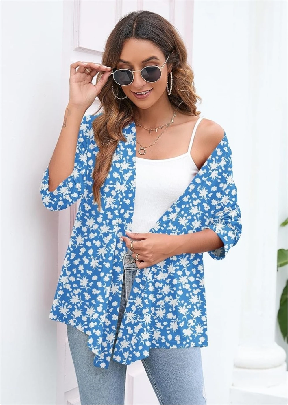 Blue and White Floral Open-Front Cardigan - photo 2