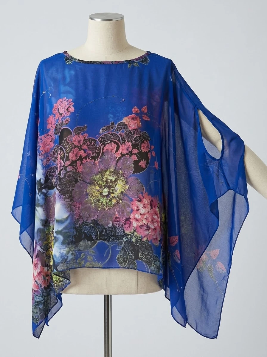 Blue Floral Chiffon Poncho Top - photo 3