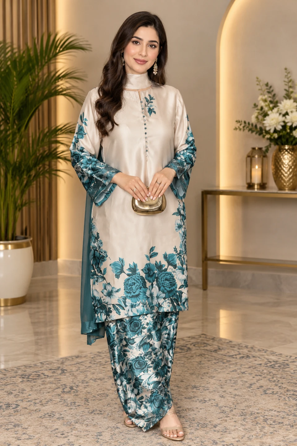 Floral Print Satin Salwar Kameez