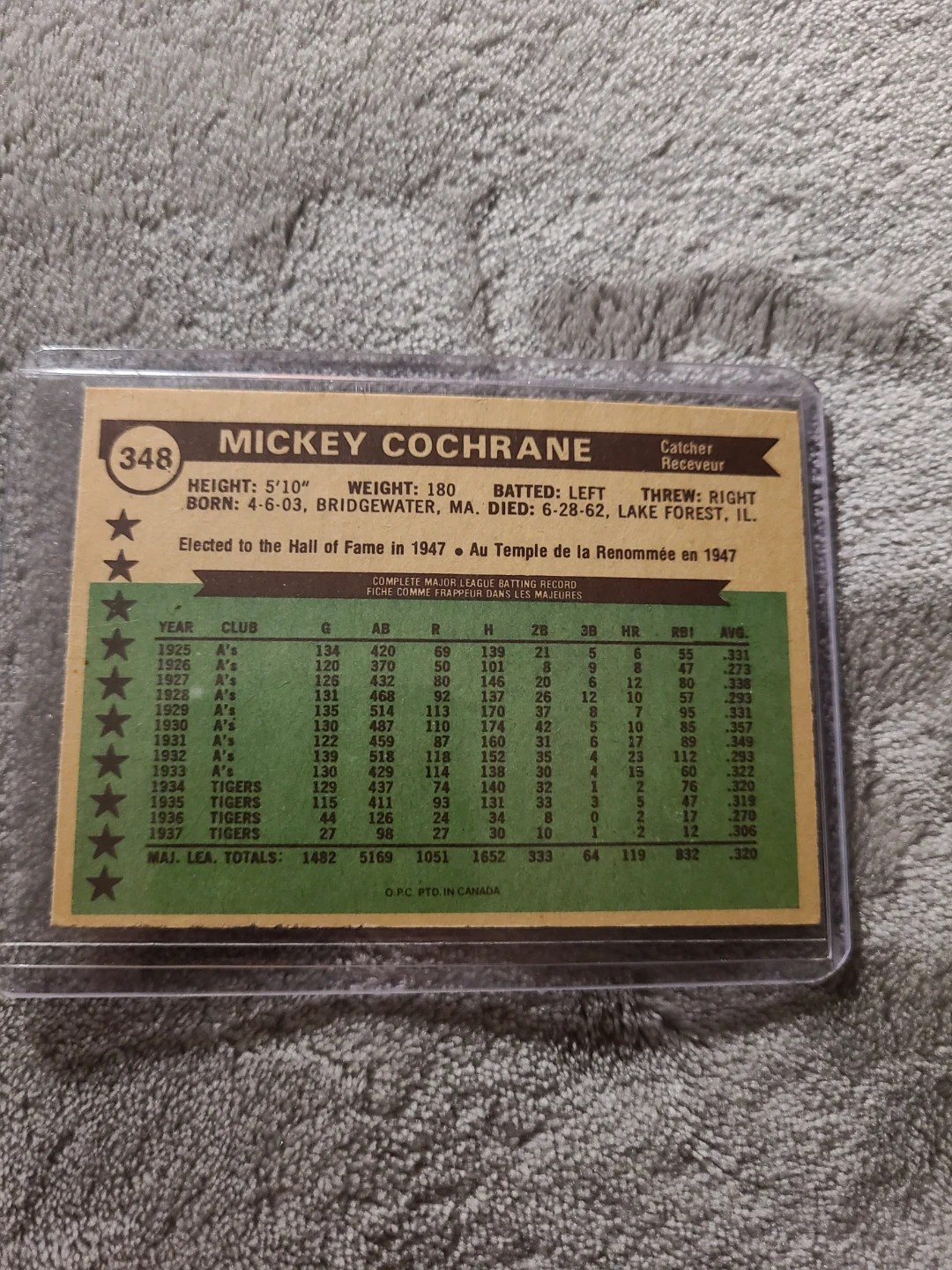 1976 O-Pee-Chee Mickey Cochrane Baseball Card #348 - photo 2