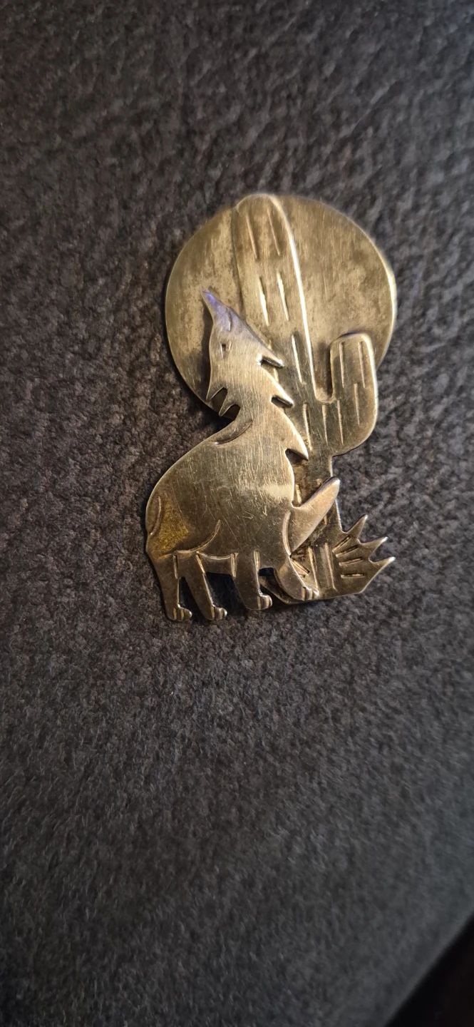 Vintage Sterling Silver Coyote and Cactus Brooch