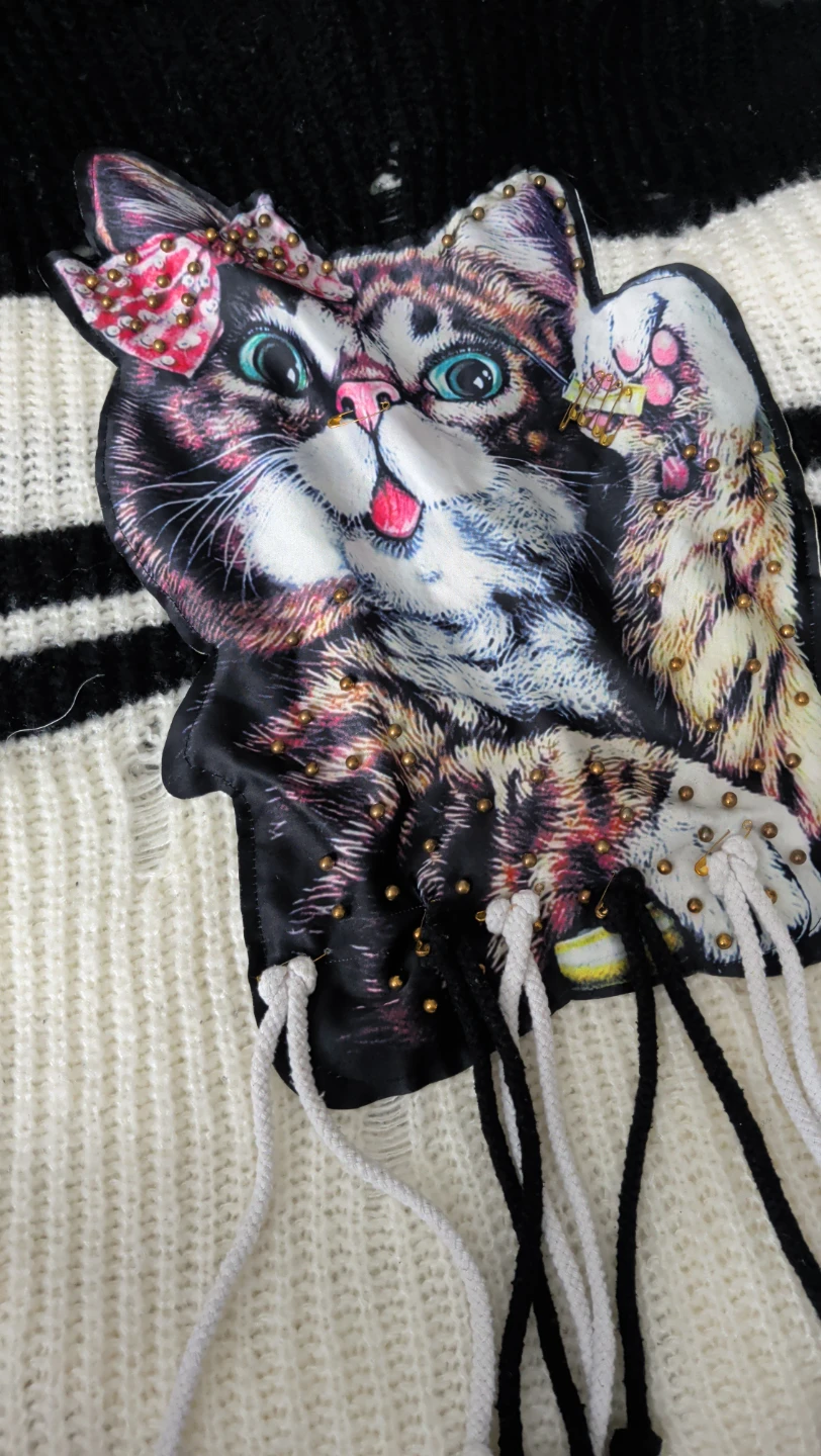 Black and white cat graphic distressed knit sweater - photo 2