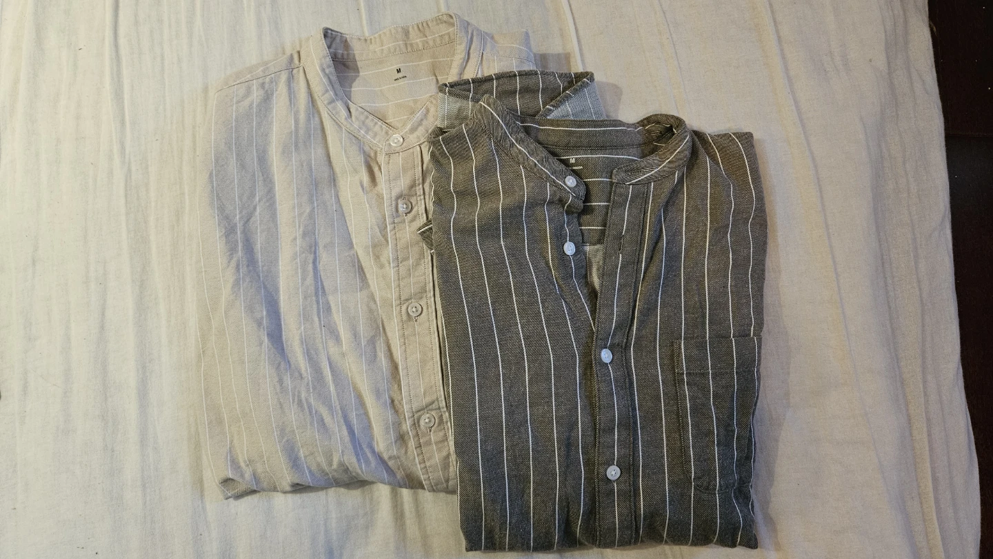 2 Muji Men's Beige Striped Mandarin Collar Button-Up Shirts