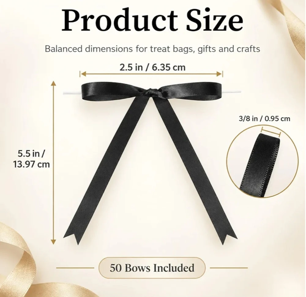 50 Pre-Shaped Satin Twist-Tie Bows - Black - photo 2