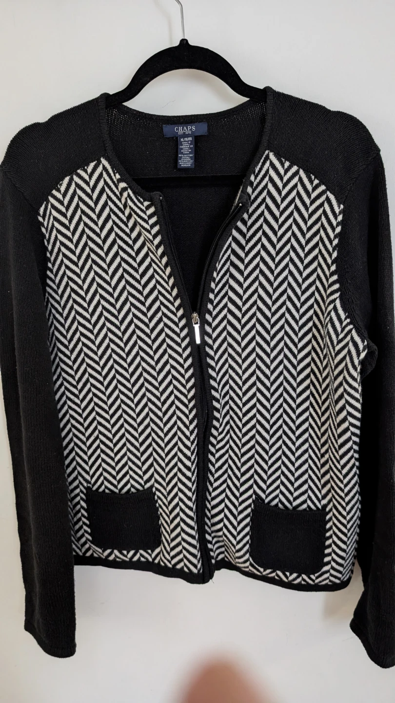 Chaps Black and White Full-Zip Cardigan