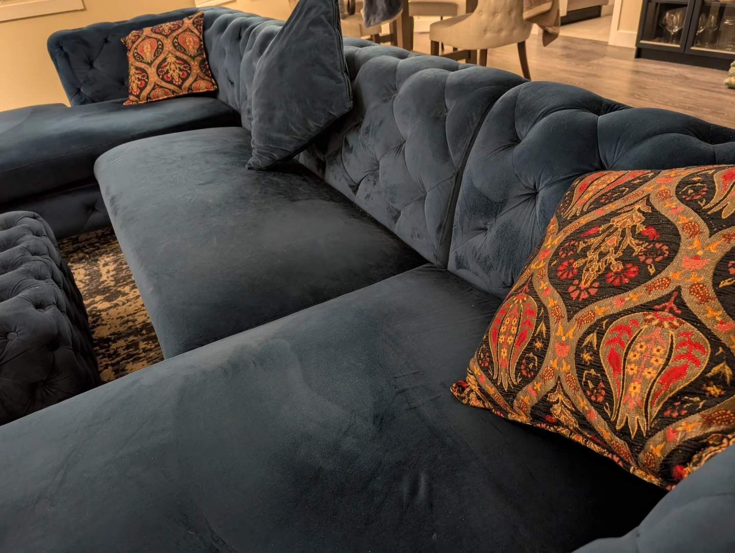 Navy Blue Velvet Sectional Sofa with Matching Ottoman - photo 3