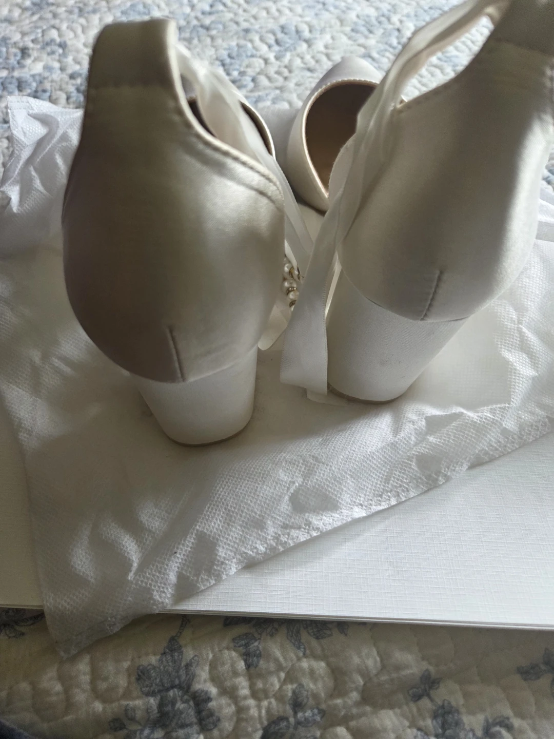 White Satin Block Heel Shoes with Pearl Accents - photo 3