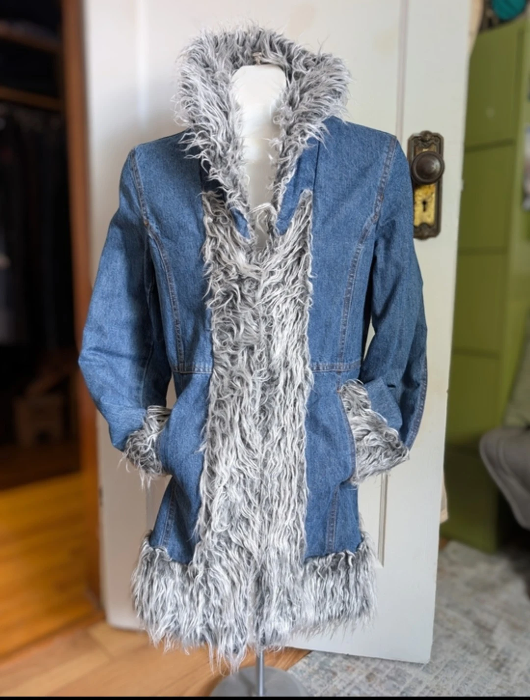 Blue Denim Coat with Grey Faux Fur Trim - photo 2