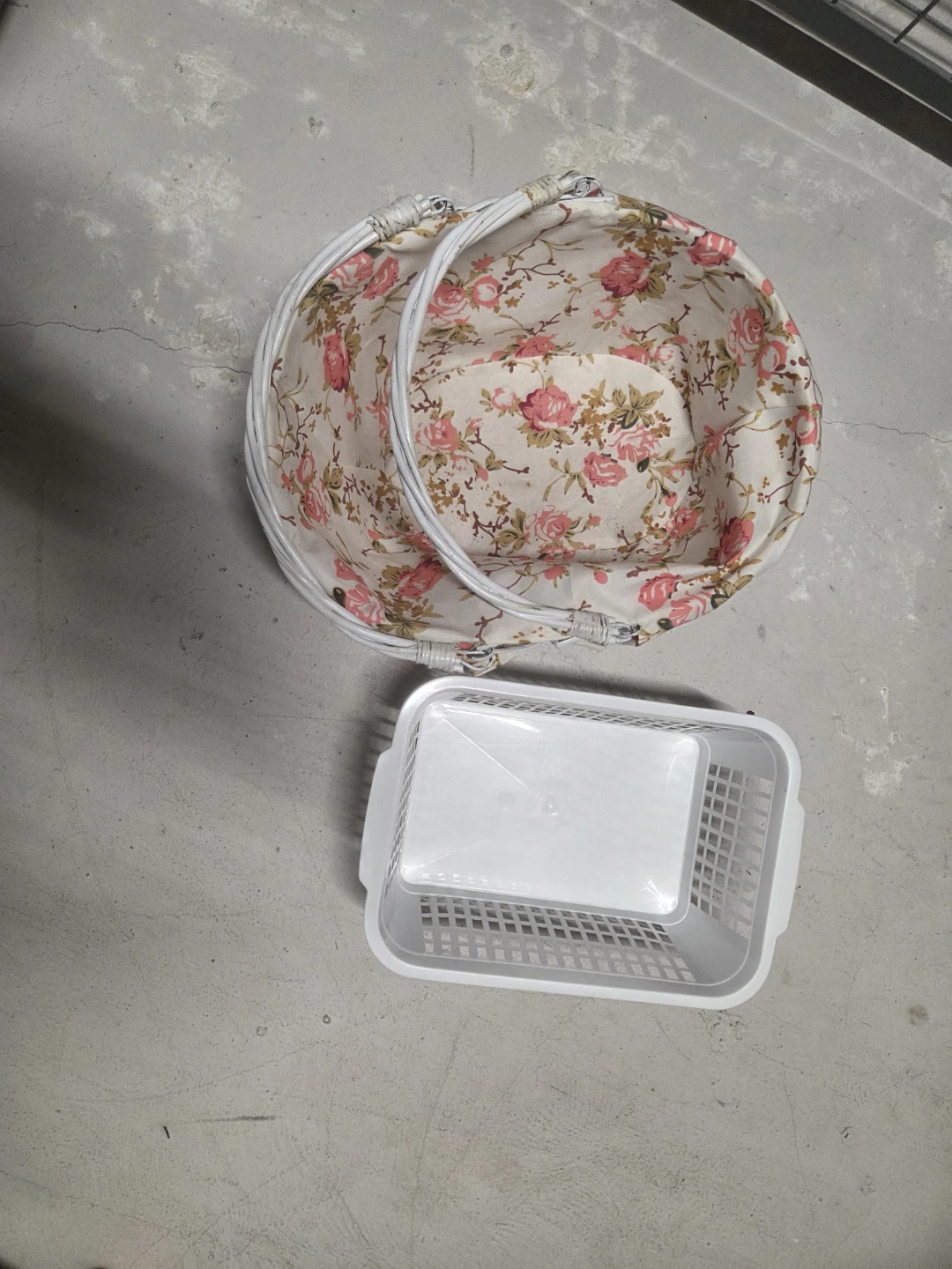 Floral Fabric Wicker Basket and Plastic Basket