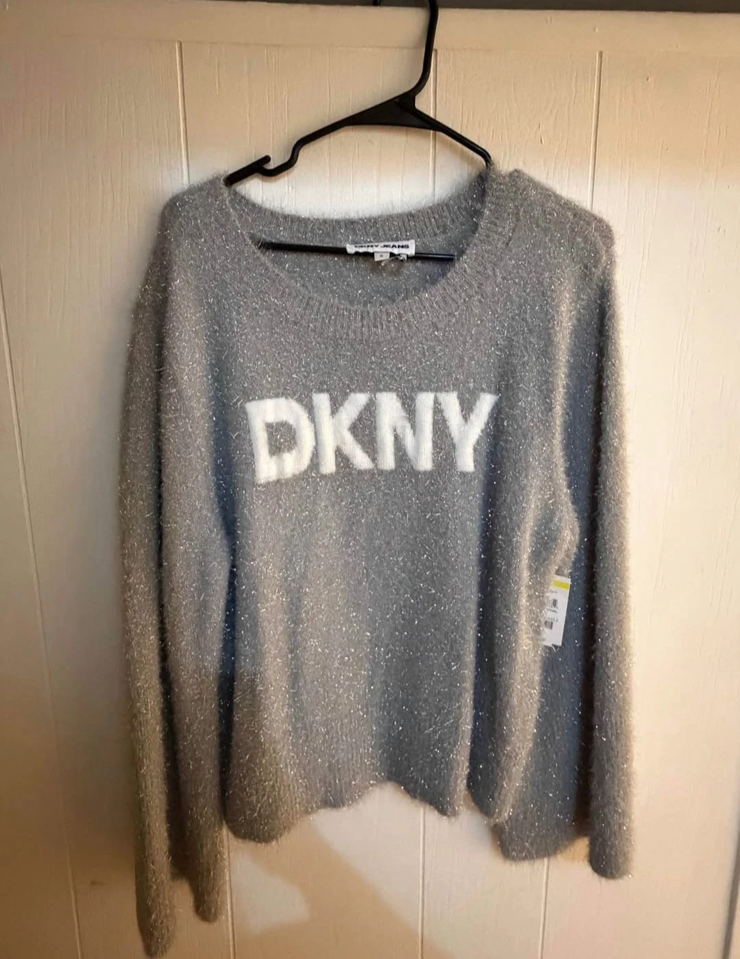 DKNY fuzzy metallic gray knit sweater