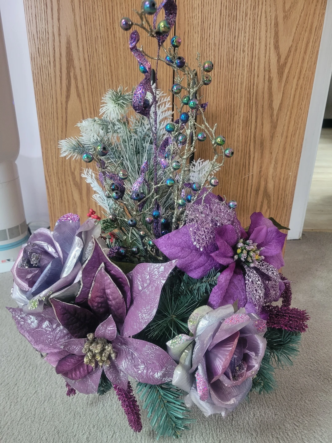 Purple and Silver Artificial Holiday Floral Arrangement