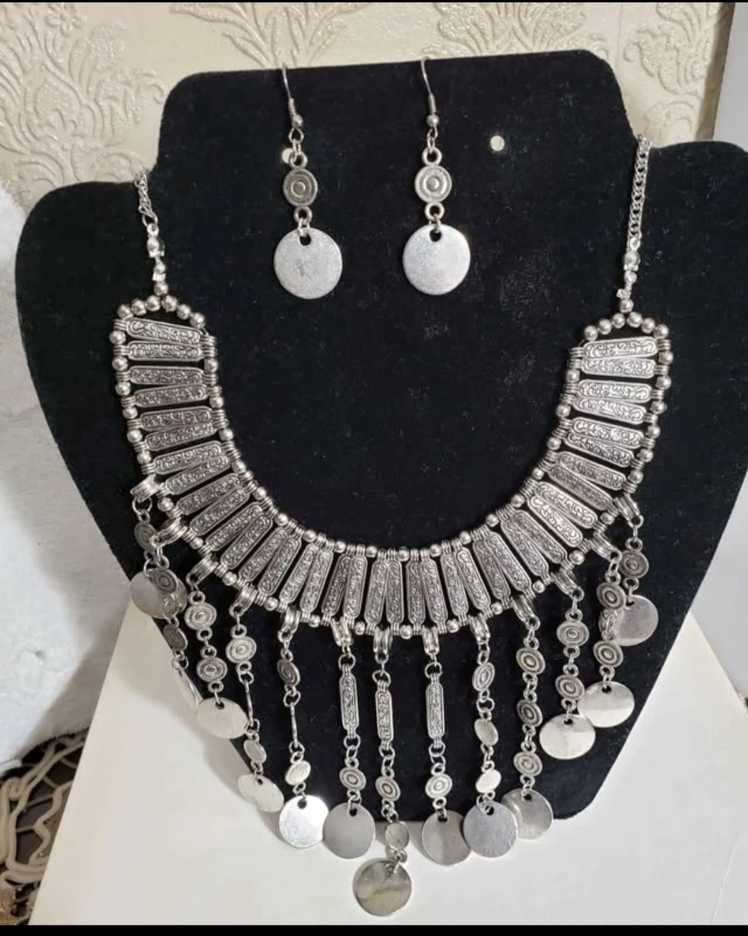 New bohemian Silver-Tone Coin Statement Necklace and Earring Set - photo 3