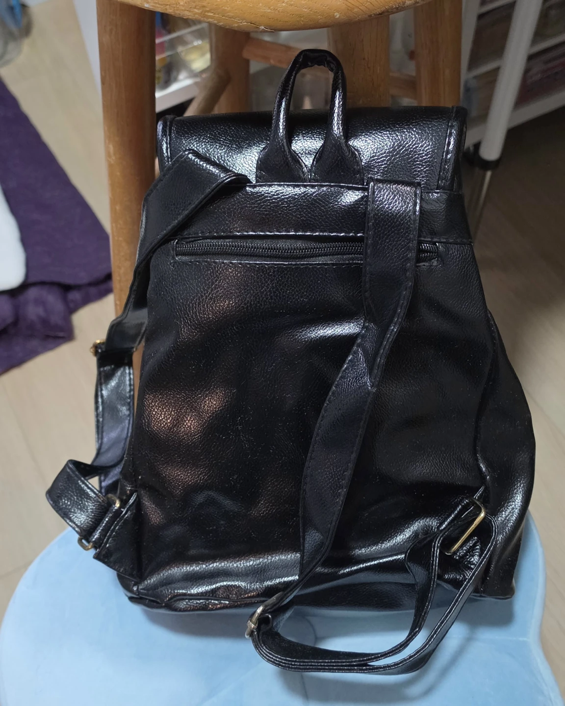 Black Faux Leather Drawstring Backpack 12 x 9 x 5 - photo 2