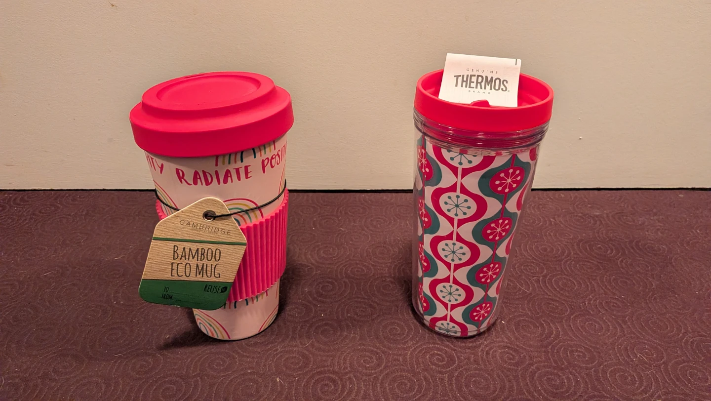 Two Travel Mugs: Cambridge Bamboo and Thermos