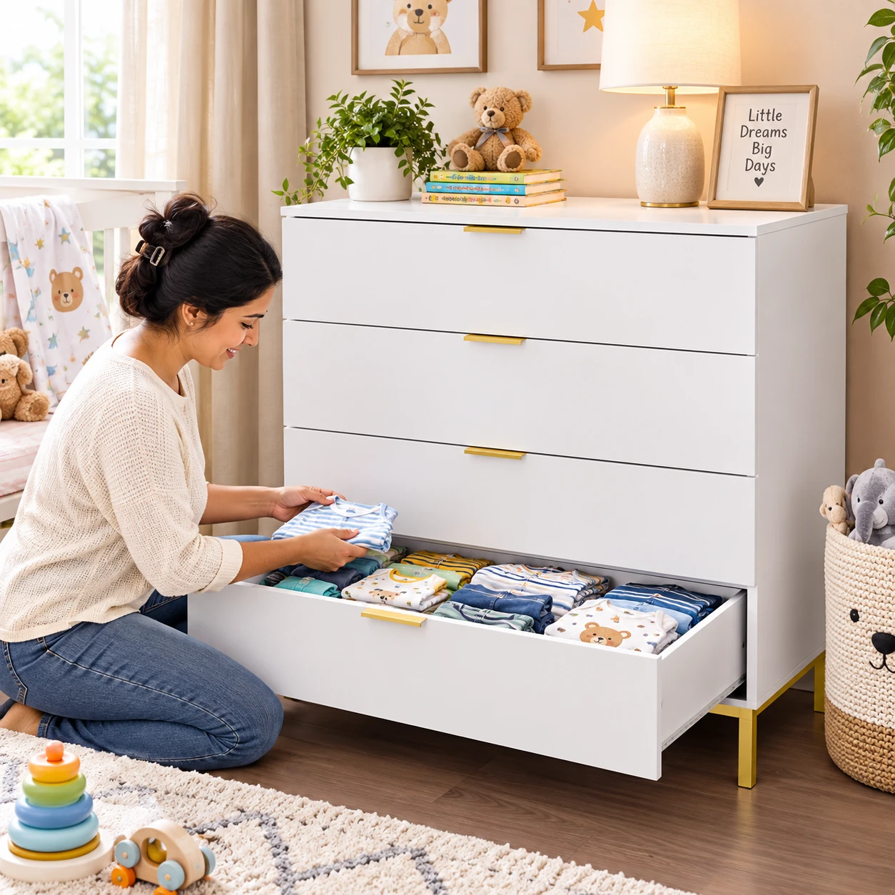 New<> 3-Drawer White Dresser with Gold Accents