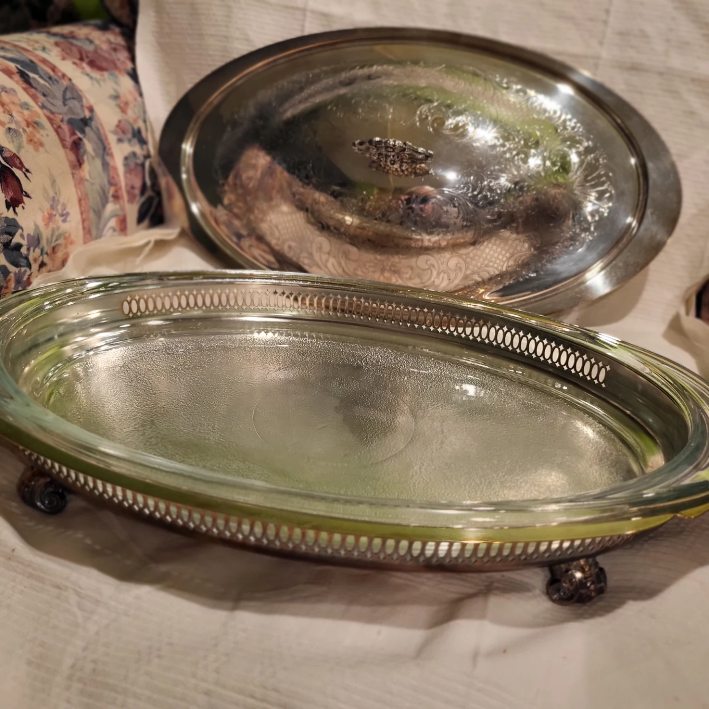Oval Silver Plated Serving Dish with Glass Insert - photo 3
