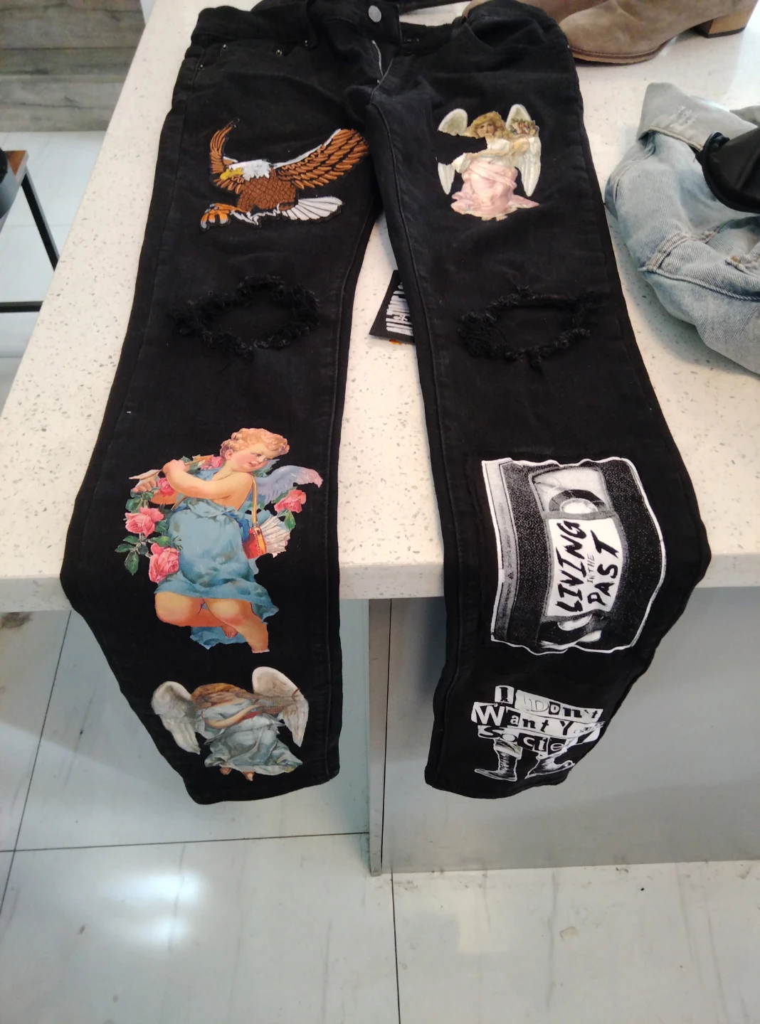 Black Distressed Jeans with Graphic Patches