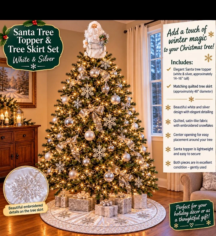 White and Silver Santa Tree Topper and Tree Skirt Set - photo 4