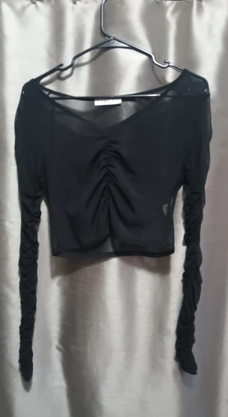 Black Sheer Ruched Long Sleeve Top