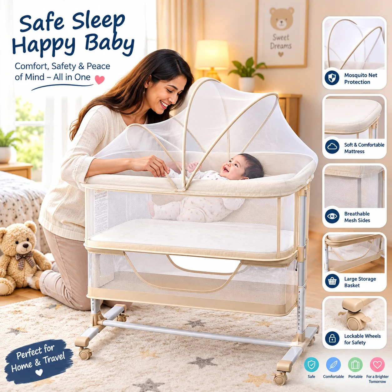 New<> Baby Bedside Bassinet with Mosquito Net