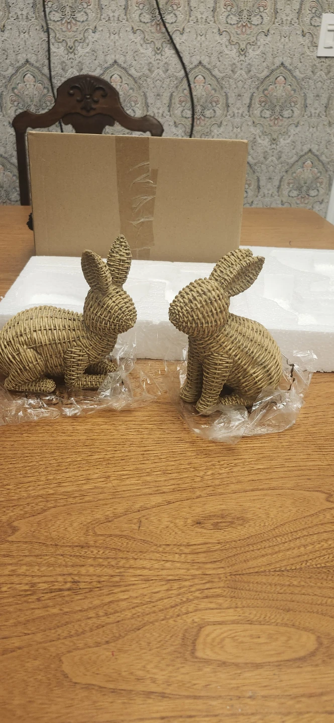 Set of Two Resin Wicker-Style Bunny Figurines
