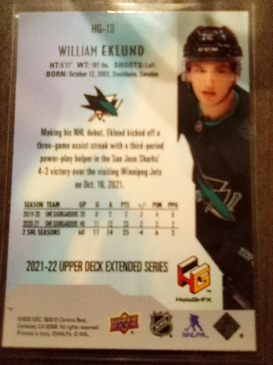 2021-22 Upper Deck William Eklund HoloGrFX Card - photo 2