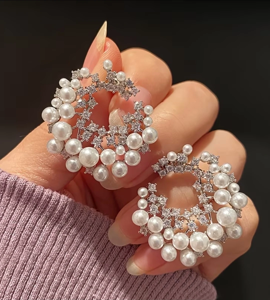 Pearl and Rhinestone Circle Earrings
