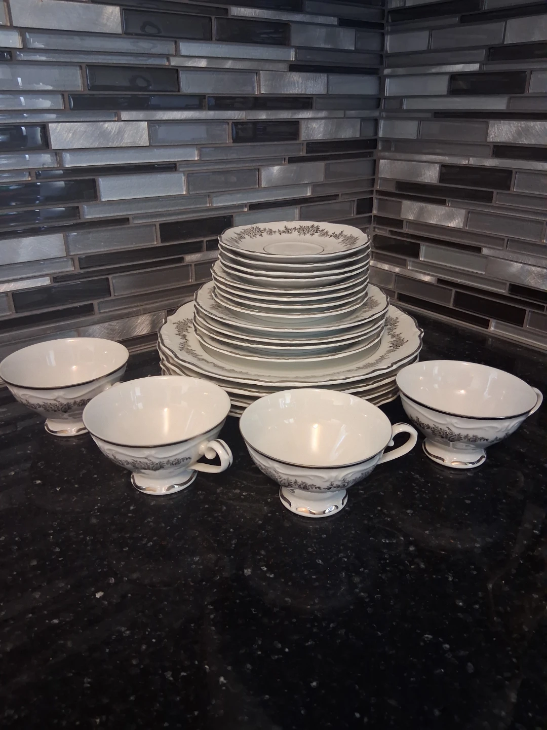 Vintage Floral Dinnerware Set with Silver Trim - photo 2