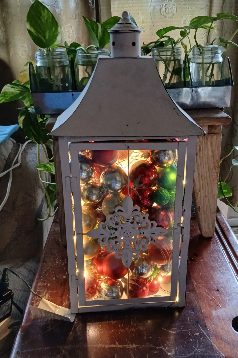White Holiday Decorative Lantern with Ornaments