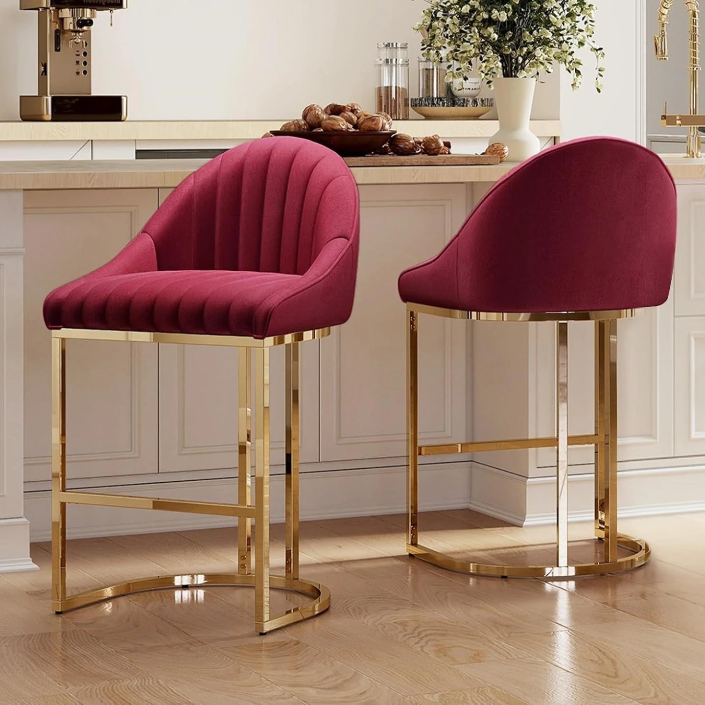 New<> Set of 2 Burgundy Velvet Bar Stools