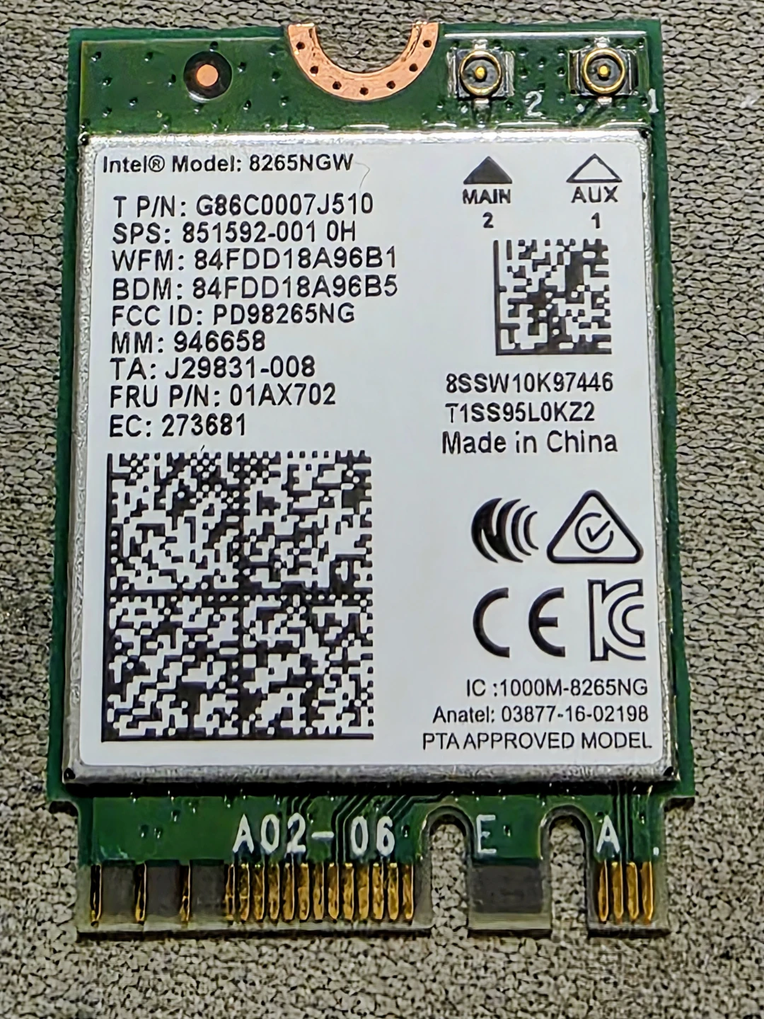 Intel Dual Band Wireless-AC 8265NGW Wi-Fi Card