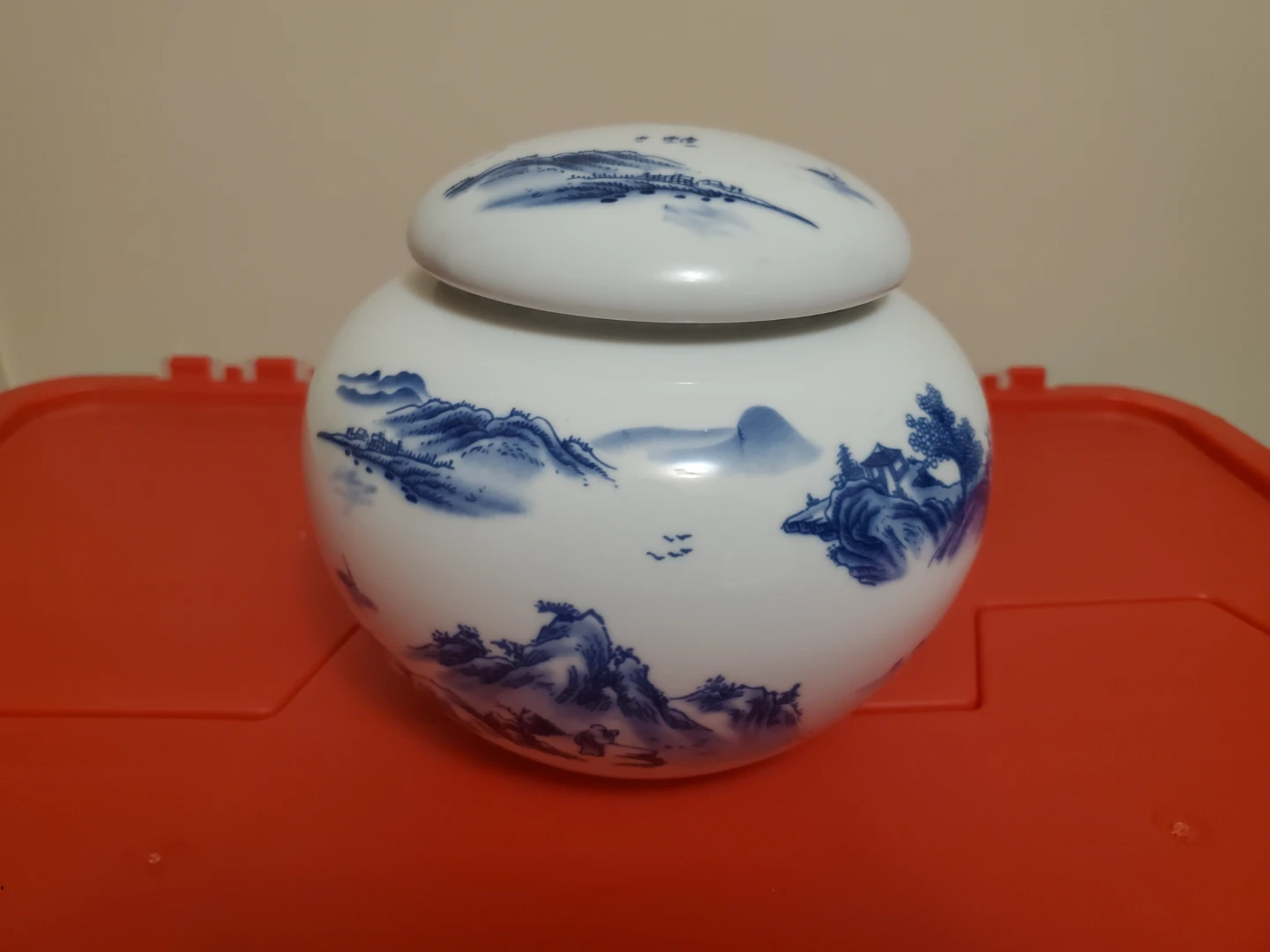 Blue and White Ceramic Lidded Jar