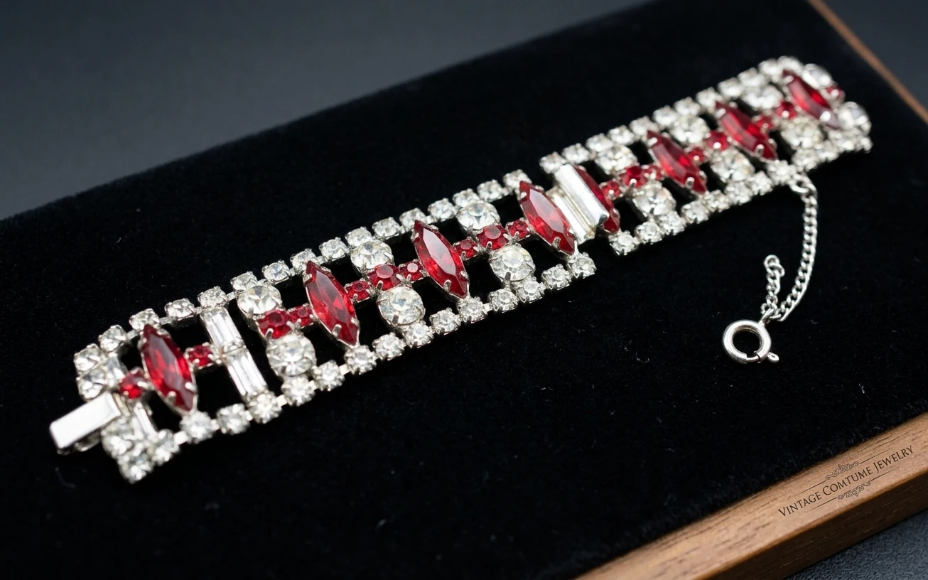 1940s–1950s European Multi-Row Ruby Red & Clear Rhinestone
