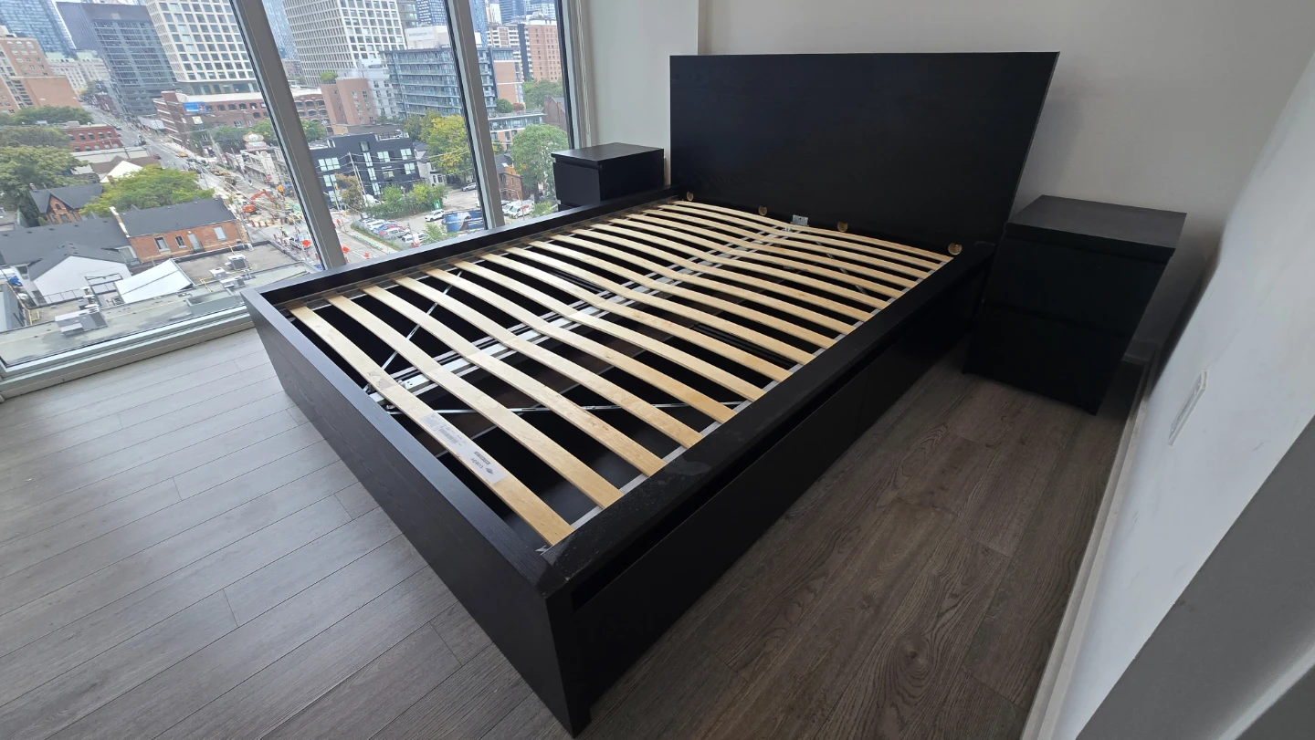 IKEA MALM Queen Bed w 4 Drawers + 2 Nightstands (Blk-Brwn)