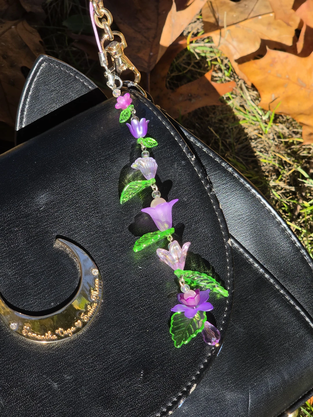 Handmade Beaded Bag/keychain Charm - Purple Flowers