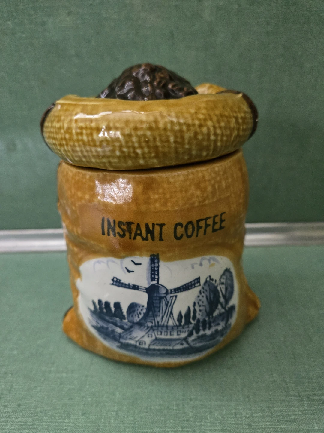 Vintage Ceramic Instant Coffee Container Burlap Sack/Bag