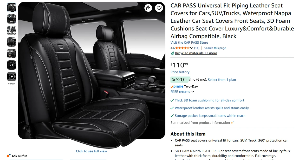 CAR PASS Universal Fit Leather Seat Covers - Black - photo 2