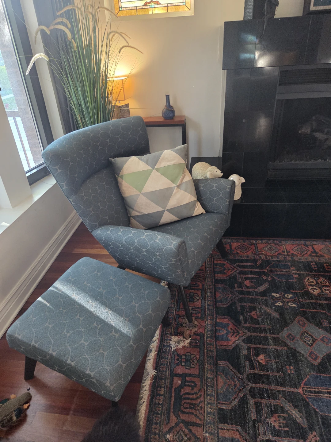 Blue Patterned Armchair with Ottoman