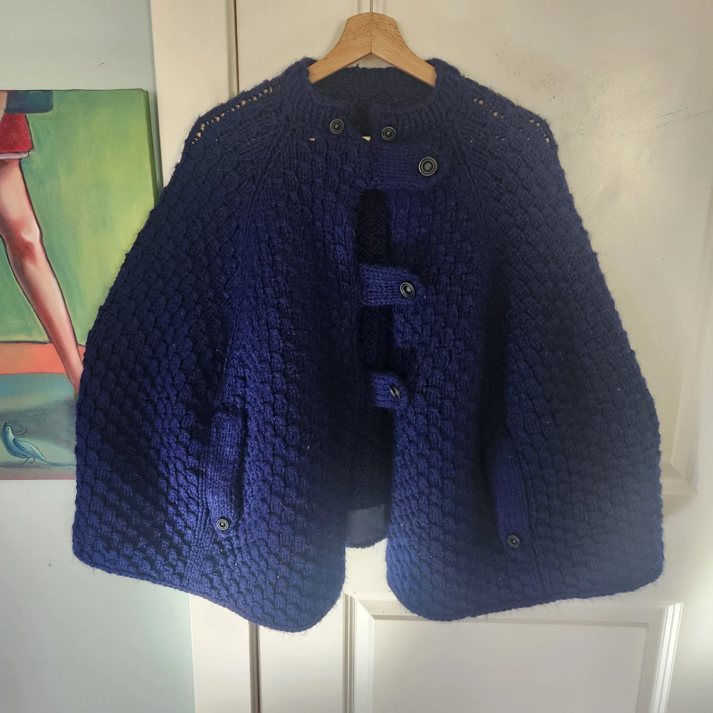 Navy Blue Knit Button-Up Cape