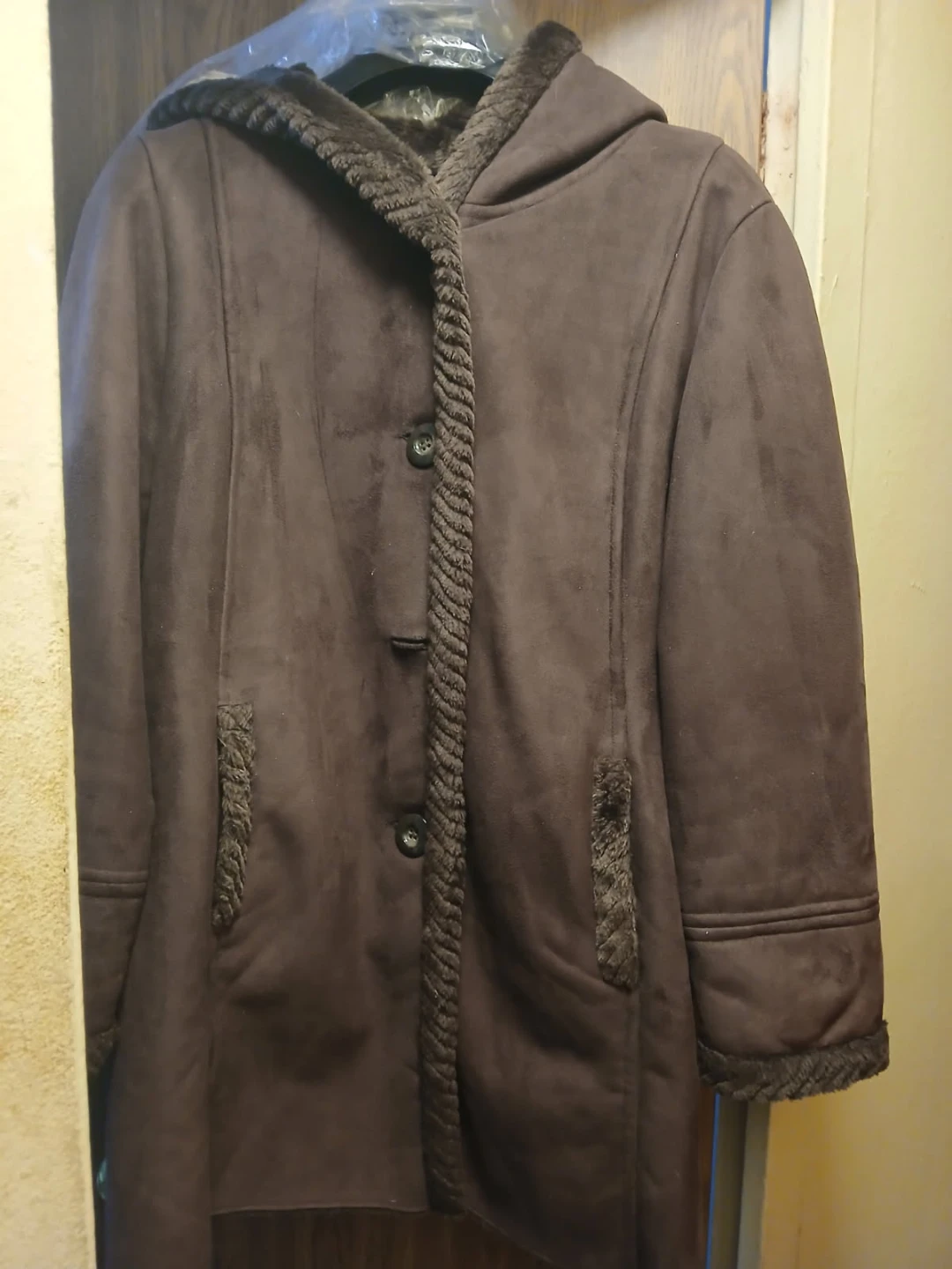 Chocolate brown Faux suede coat with faux fur trim