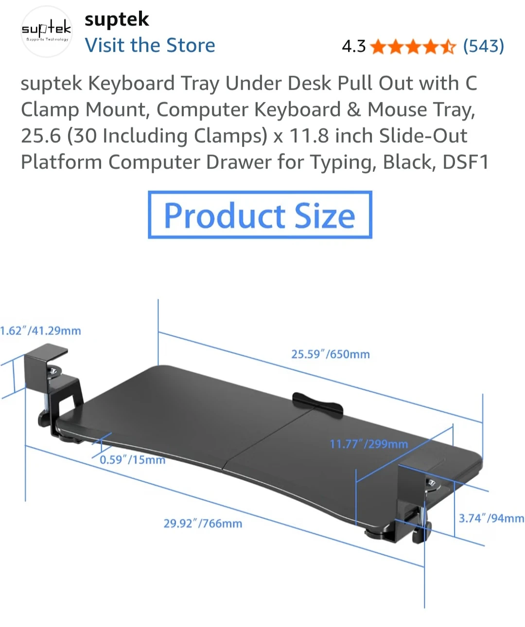Suptek Under Desk Pull Out Keyboard Tray, Black - photo 3