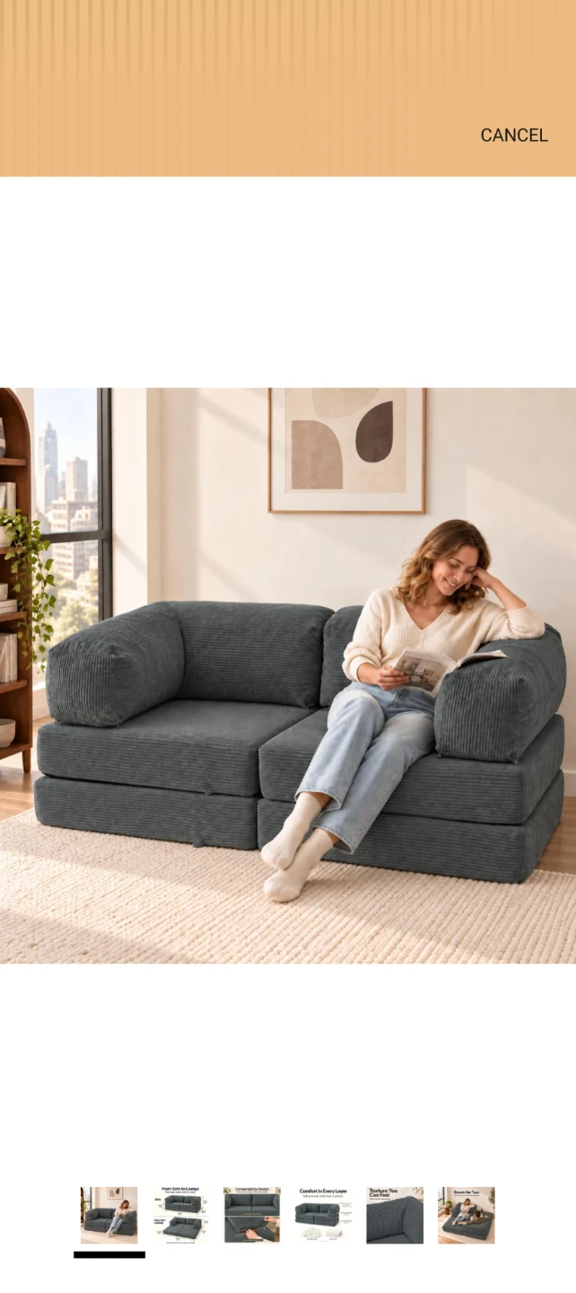 Folding Floor Sofa, 2-Seater Boneless Couch - photo 2