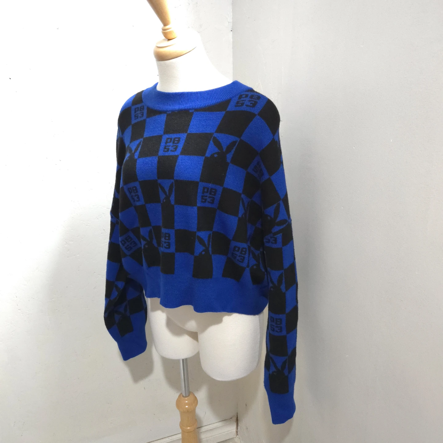 Playboy blue Checkered Knit cropped Sweater - photo 3