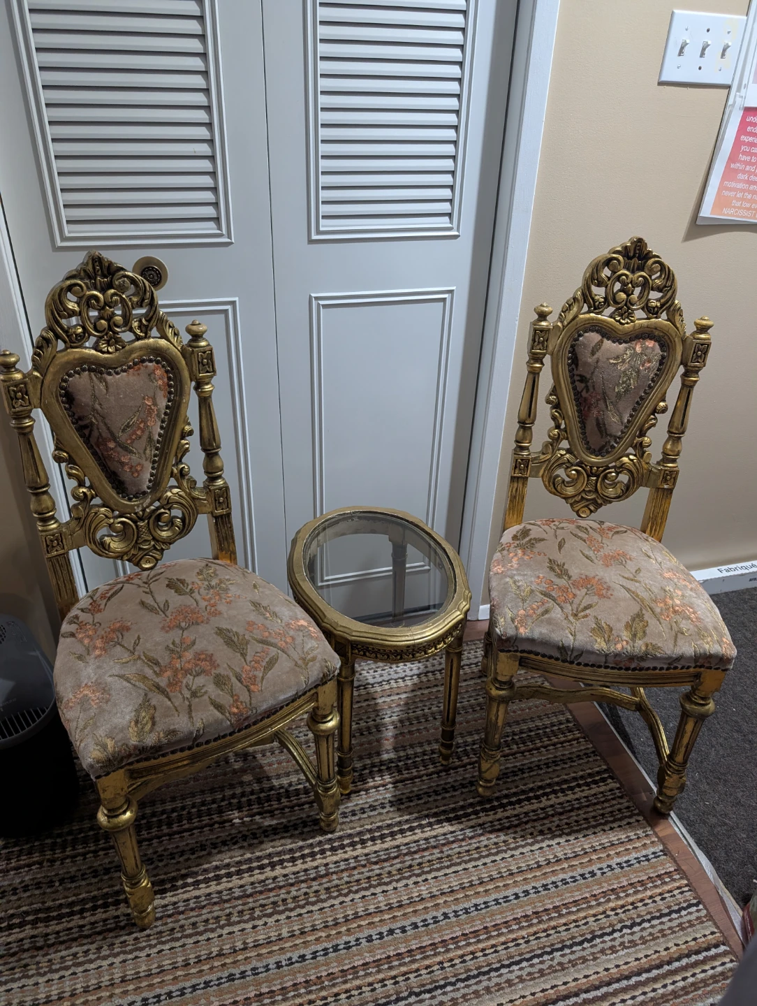 Kids Vintage Ornate Gold Chairs and Glass Top Side Table