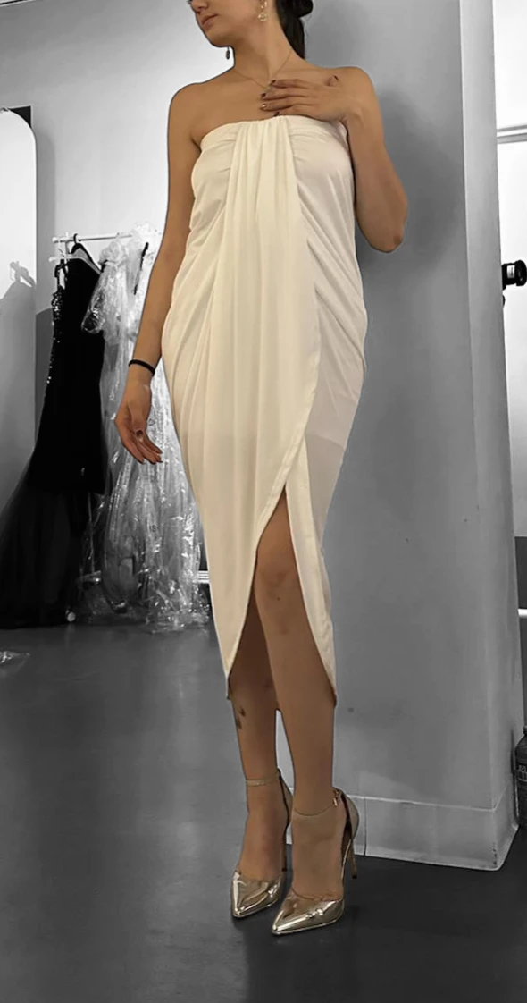 White Strapless Draped Dress