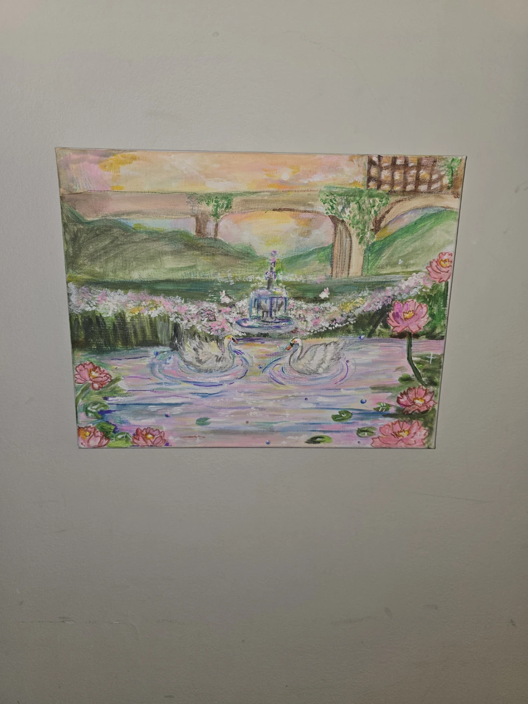 Hand-painted Canvas Art - Swan Pond Scene - photo 3