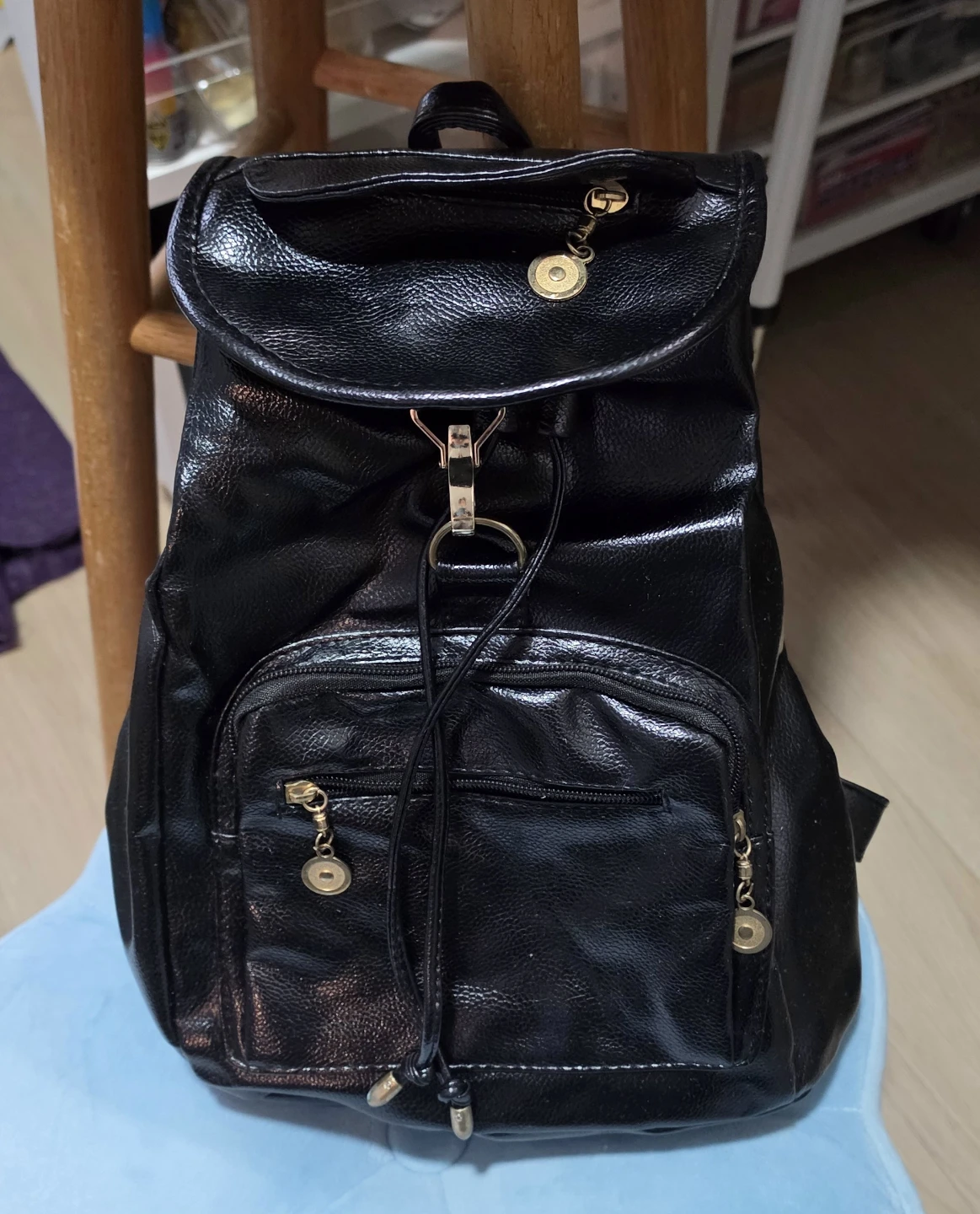 Black Faux Leather Drawstring Backpack 12 x 9 x 5